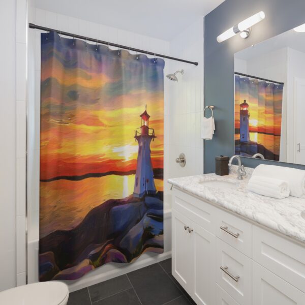 Acrylic Paint Sunset at Peggy's cove Lighthouse Shower Curtain - Image 3