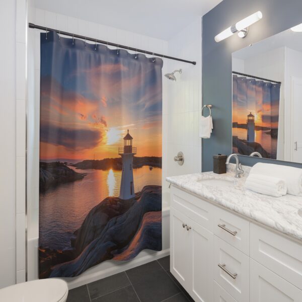 Bohemian Sunrise at Peggy's Cove Lighthouse Shower Curtain - Image 3