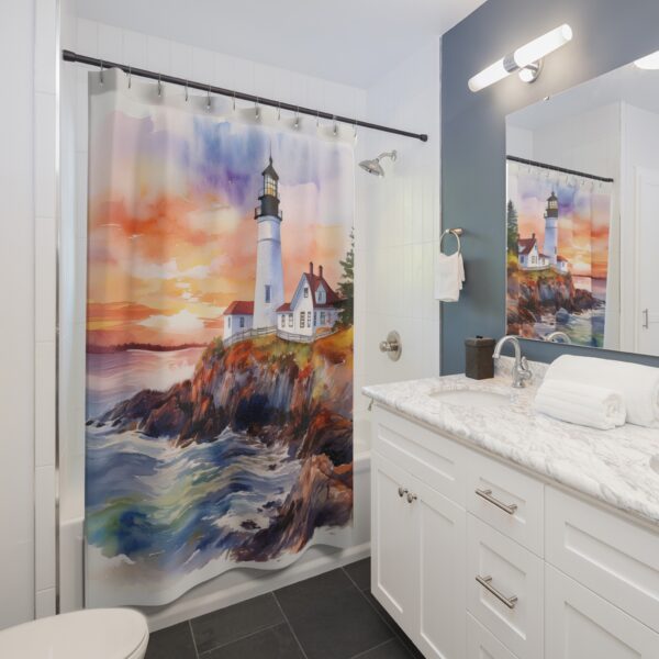 Sunrise At Portland Head Light Watercolor Lighthouse Shower Curtain - Image 3