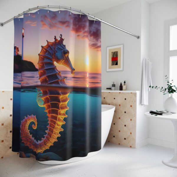 Seahorse with Lighthouse Background Shower Curtain - Image 4