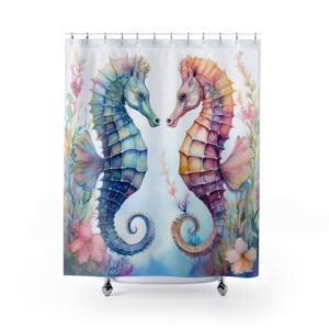 Two Seahorses in Harmony – Watercolor Ocean-Inspired Shower Curtain