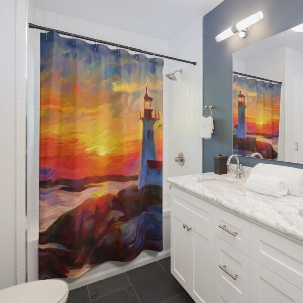 Impressionism Sunset at Peggy's Cove Lighthouse Shower Curtain - Image 3