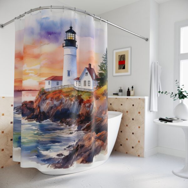 Sunrise At Portland Head Light Watercolor Lighthouse Shower Curtain - Image 4