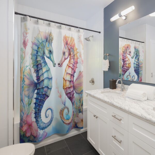 Two Seahorses in Harmony – Watercolor Ocean-Inspired Shower Curtain - Image 3