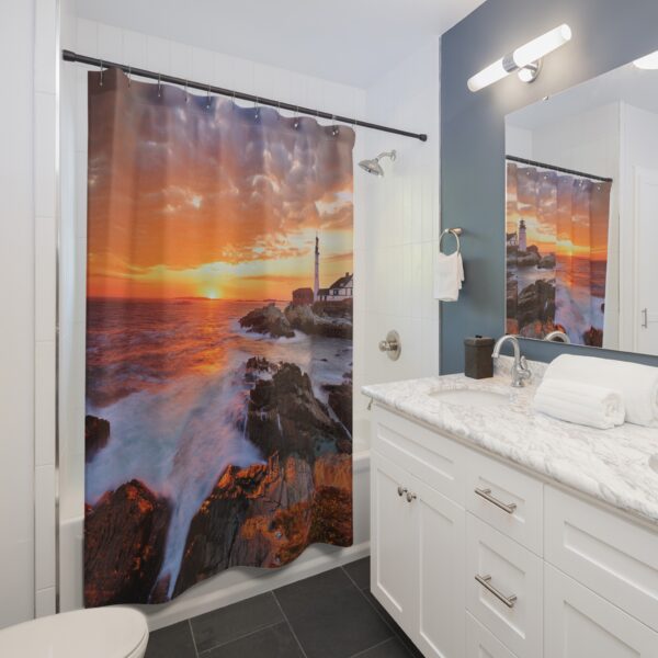 Sunset At Portland Head Light Bohemian Lighthouse Shower Curtain - Image 4