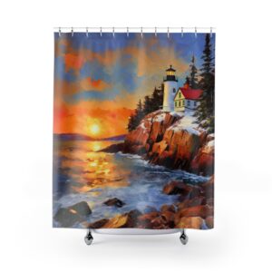 Winter Sunset Impressionism Bass Harbor Head Lighthouse Shower Curtain