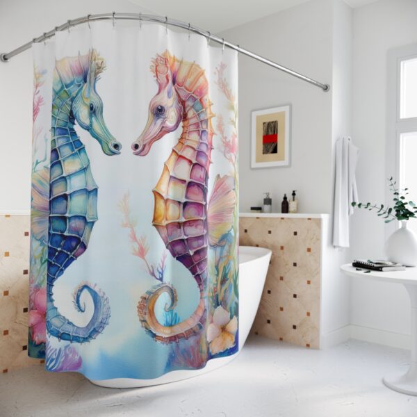 Two Seahorses in Harmony – Watercolor Ocean-Inspired Shower Curtain - Image 4