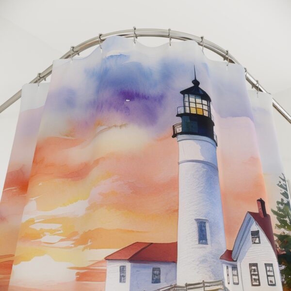 Sunrise At Portland Head Light Watercolor Lighthouse Shower Curtain - Image 2