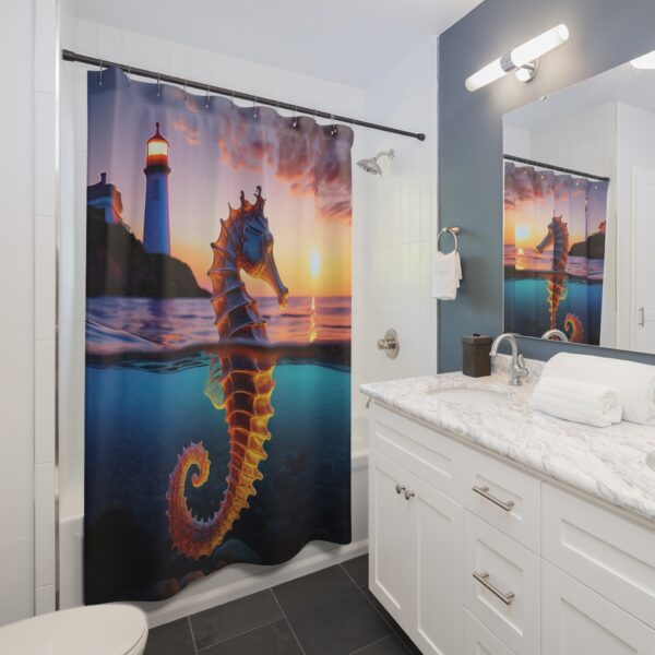 Seahorse with Lighthouse Background Shower Curtain - Image 3