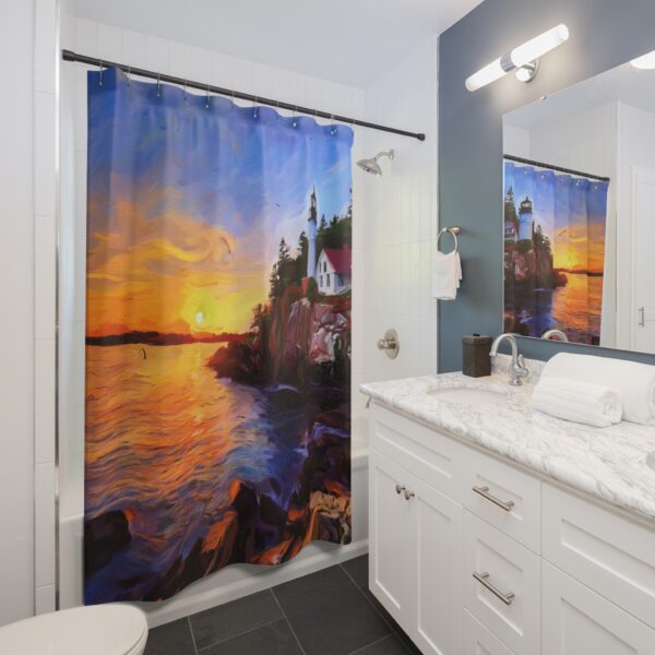 Sunset Acrylic Paint Bass Harbor Head Lighthouse Shower Curtain - Image 3