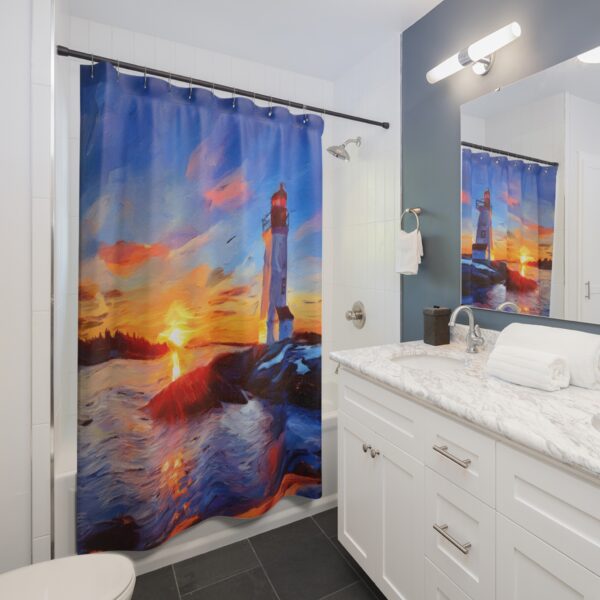 Winter Sunset at Peggy's Cove Lighthouse Shower Curtain Acrylic paint - Image 3