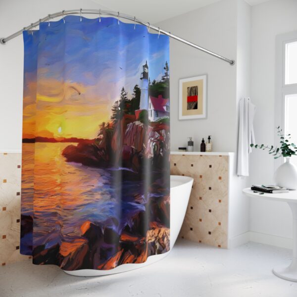 Sunset Acrylic Paint Bass Harbor Head Lighthouse Shower Curtain - Image 4