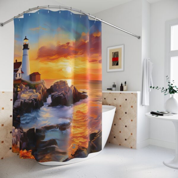 Sunset at Portland Head Light Lighthouse Shower Curtain Acrylic Paint - Image 4