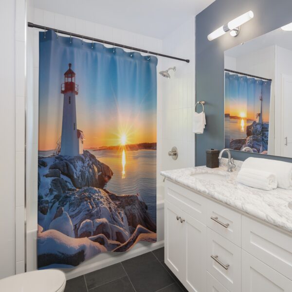 Winter Sunrise at Peggy's Cove Lighthouse Shower Curtain - Image 3