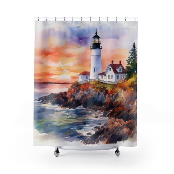 Sunrise At Portland Head Light Watercolor Lighthouse Shower Curtain