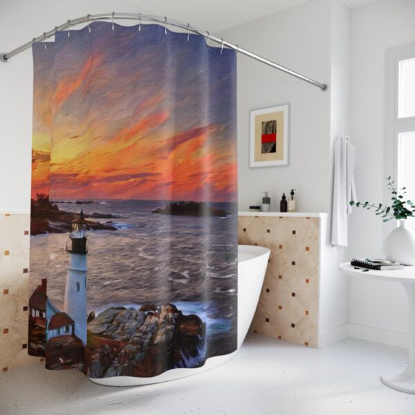 Sunset at Portland Head Light Lighthouse Shower Curtain Impressionism - Image 4