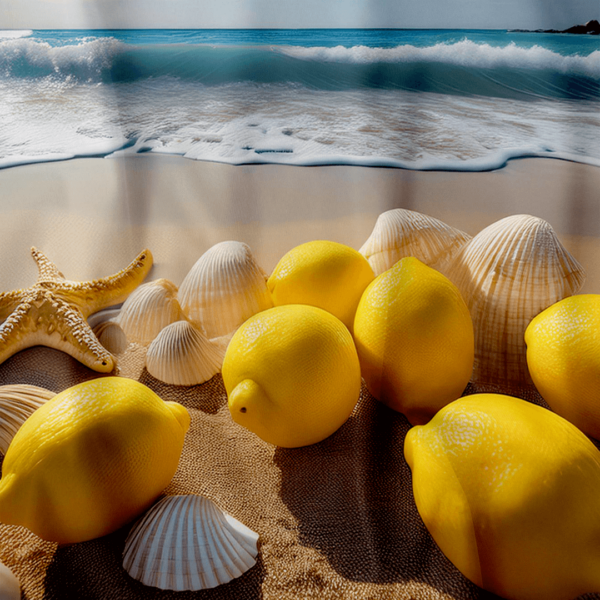 **Alt Text:** Close-up view of a photorealistic shower curtain design showing vibrant yellow lemons and white seashells resting on textured sand. A starfish lies on the left, while ocean waves gently lap the shoreline in the background under a bright blue sky. The detailed shadows and reflections enhance the summery coastal vibe.