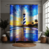 **Alt Text:** Acrylic-style shower curtain featuring the iconic St. Augustine Lighthouse at sunrise. Bold brushstrokes in vivid blue, yellow, and purple capture the dramatic light of dawn, with palm trees and gentle waves reflecting the morning glow. A vibrant coastal scene that brings warmth and artistic flair to the bathroom.