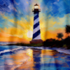 **Alt Text:** Close-up of an acrylic-style painting on a shower curtain depicting the St. Augustine Lighthouse at sunrise. The lighthouse features bold black and white stripes, illuminated by a radiant sun rising behind it. The sky bursts with shades of yellow, orange, and blue, while palm trees and ocean waves reflect the vivid morning light.