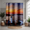 Impressionist lighthouse shower curtain featuring Portland Head Light at sunset, with bold, painterly strokes in shades of orange, purple, and blue capturing the ocean waves and dramatic sky. The scene adds a coastal charm to the modern, plant-accented bathroom.