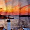 Thanks again! Here's the **alt text** for the image above: **Alt Text:** Impressionist lighthouse shower curtain featuring Portland Head Light at sunset, with bold, painterly strokes in shades of orange, purple, and blue capturing the ocean waves and dramatic sky. The scene adds a coastal charm to the modern, plant-accented bathroom.