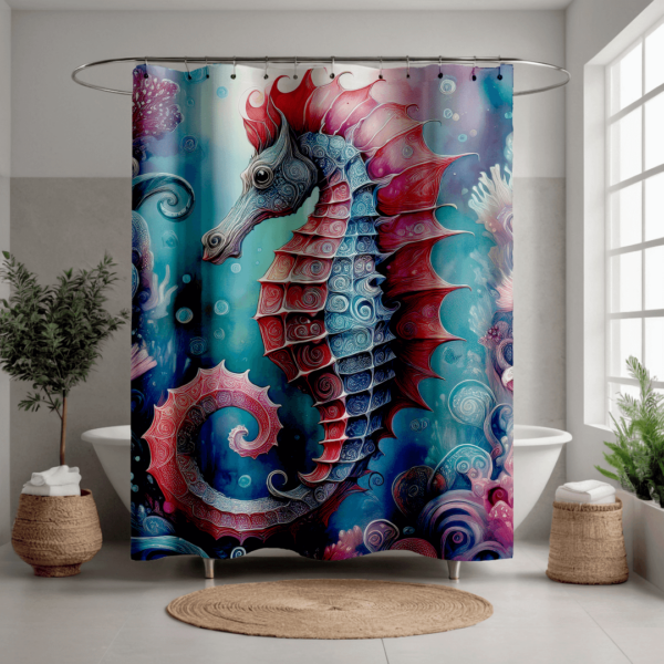 ### **Alt Text (for e-commerce):** Whimsical shower curtain featuring a mystical seahorse in vivid red, blue, and aqua tones with swirling patterns and ocean-inspired flourishes. The intricate design and fantasy style make it a bold and artistic centerpiece for coastal, nautical, or eclectic bathroom decor.