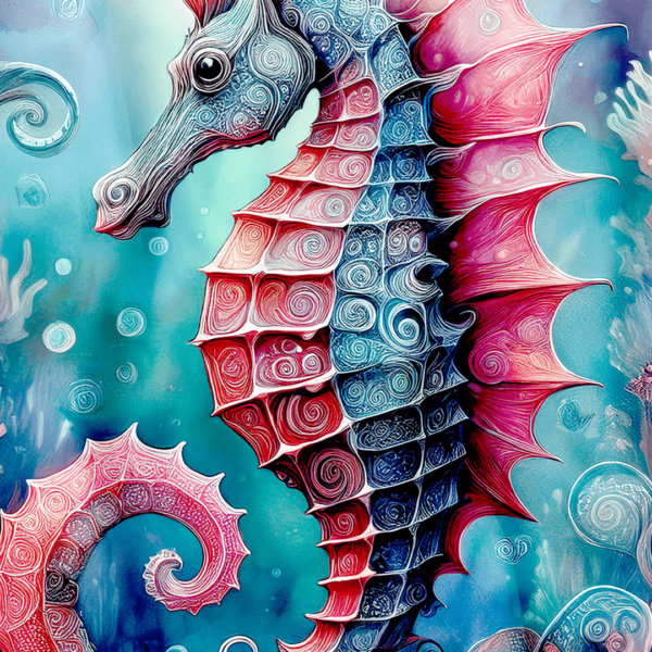 ### **Alt Text (for e-commerce):** Close-up of a mystical seahorse design on a shower curtain, showcasing intricate red and blue swirls with fine textures and fantasy-inspired patterns against an underwater teal and aqua backdrop. Ideal for ocean-themed or artistic bathroom decor.