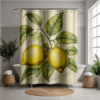 **Alt Text:** Vintage-style shower curtain with an intricate botanical illustration of two lemons on a branch, surrounded by detailed green leaves and small white blossoms. The design is drawn in a classic etching style with fine linework and a neutral cream background, giving it a timeless, bohemian charm.