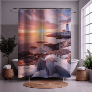 **Alt Text:** Shower curtain design featuring Peggy’s Cove Lighthouse during a winter sunset. The scene showcases snow-dusted granite rocks leading to the ocean, where the sun sets behind pink and orange clouds. The iconic lighthouse stands in the distance with a soft, warm glow reflecting off the water, creating a peaceful and serene coastal ambiance.