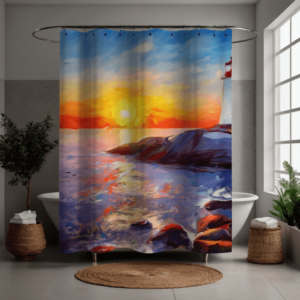 **Alt Text:** Shower curtain featuring an impressionist-style painting of Peggy’s Cove in winter. A glowing sunset dominates the sky with brilliant yellows, oranges, and reds, reflecting on the icy ocean below. Snow-dusted rocks line the shoreline, and the iconic lighthouse peeks from the right side of the design, adding charm and warmth to the wintry scene.
