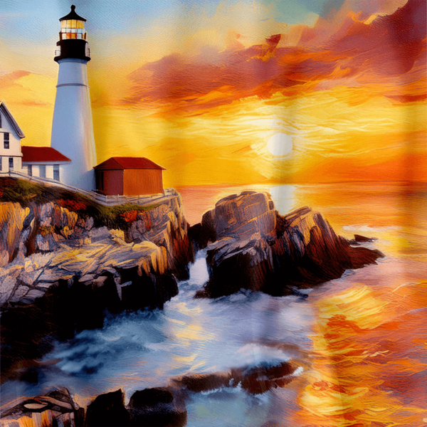 Sure! Here's the **alt text** for the closeup image: **Alt Text:** Closeup of an acrylic-style shower curtain featuring Portland Head Light at sunrise. The lighthouse and red-roofed buildings sit atop rugged cliffs as waves crash below, with golden sunlight illuminating the ocean and sky in vivid warm tones.