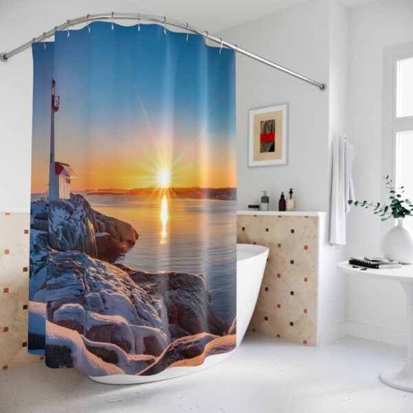 Winter Sunrise at Peggy's Cove Lighthouse Shower Curtain - Image 2
