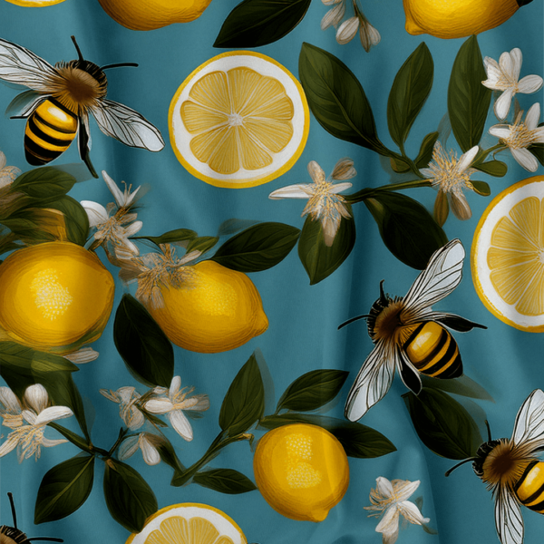 ### **Alt Text (for e-commerce):** Close-up of a vibrant shower curtain design featuring hand-drawn bees, whole and sliced lemons, white blossoms, and lush green leaves on a bright teal background. The bold, cheerful pattern brings a refreshing citrus garden vibe—perfect for lively bathroom decor in apartments or small spaces.