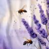 Close-up of a calming shower curtain design featuring detailed honeybees hovering near delicate purple lavender blooms. Set against a soft, watercolor-style background in shades of lavender and cream, this tranquil floral scene adds a peaceful, nature-inspired touch—ideal for bathroom decor in small spaces or apartments.